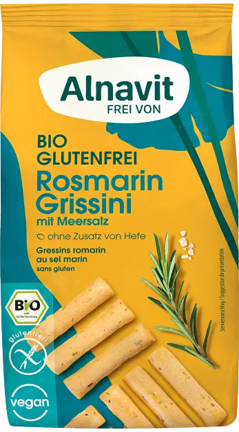 <h2><span style="font-size: 18.6667px;">Grisine cu rozmarin fara gluten, bio, 100g Alnavit</span></h2><p>Gama de produse bio Alnavit din Germania este 100% fara gluten si fara lactoza, calitatea germana regasindu-se in toate produsele Alnavit.&nbsp;</p><p>Grisine cu rozmarin, fara gluten si fara lactoza. Ideale ca si gustare, snack.</p><p><strong>Ingrediente</strong>:&nbsp;amidon de cartofi* 71%, faina de porumb*, ulei de floarea soarelui*, faina de SOIA* 3%, dextroza*, sare de mare 2%, agent de ingrosare: guma guar*, crema de tartru* (amidon de porumb*, acidifiant: tartrat de potasiu, agent de crestere: carbonat de sodiu, rozmarin*, emulgator:&nbsp;lecitina de SOIA*</p><p>*din agricultura ecologica</p><p><strong>Poate contine urme de&nbsp; ou, susan, lupin.</strong></p><p><strong>Valori nutritionale/100ml:</strong><br />Energie 1900kJ / 452kcal <br />Grasimi 15g&nbsp; din care saturate 1.4g<br />Carbohidrati 75g din care zaharuri 1.6g <br />Fibre 3.8g <br />Proteine 2.3g <br />Saruri 2.4g</p><p>Agricultura UE si non-UE</p><p>100g</p>