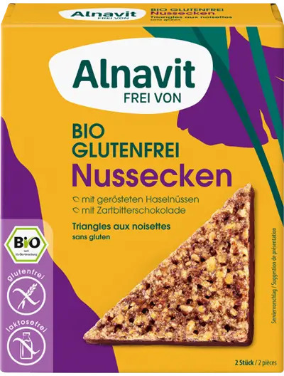 <h2><span style="font-size: 18.6667px;">Cookie cu nuci fara gluten, bio, 150g Alnavit</span></h2><p>Gama de produse bio Alnavit din Germania este 100% fara gluten si fara lactoza, calitatea germana regasindu-se in toate produsele Alnavit.&nbsp;</p><p>Prajiturici fara gluten sub forma de triunghi, numai bune langa o cana de ceai sau cafea.</p><p><strong>Ingrediente:</strong> ALUNE de padure* prajite 26%, zahar brut din trestie*, faina de orez*, ciocolata neagra* 13% (masa de cacao*, zahar brut din trestie*, unt de cacao*), sirop de glucoza*, dulceata de caise* (zahar brut din trestie*, pulpa de caise) *, concentrat de suc de lamaie*, gelifiant: pectina), margarina* (ulei de palmier*, apa, ulei de floarea soarelui*, ulei de nuca de cocos*, concentrat de suc de lamaie*, sare de mare), OU integral*, ulei de palmier*, amidon de cartofi* , agent de ingrosare: guma de guar*, sare de mare.<br />*din agricultura ecologica</p><p><strong>Poate contine urme de soia, lapte, migdale, nuci, lupin sau susan.</strong></p><p><strong>Valori nutritionale/100ml:</strong><br />Energie 2039kJ / 489kcal <br />Grasimi 30g&nbsp; din care saturate 9.2g<br />Carbohidrati 47g din care zaharuri 28g <br />Fibre 4.6g <br />Proteine 5.5g <br />Saruri 0.09g</p><p>Agricultura UE si non-UE</p><p>150g</p>