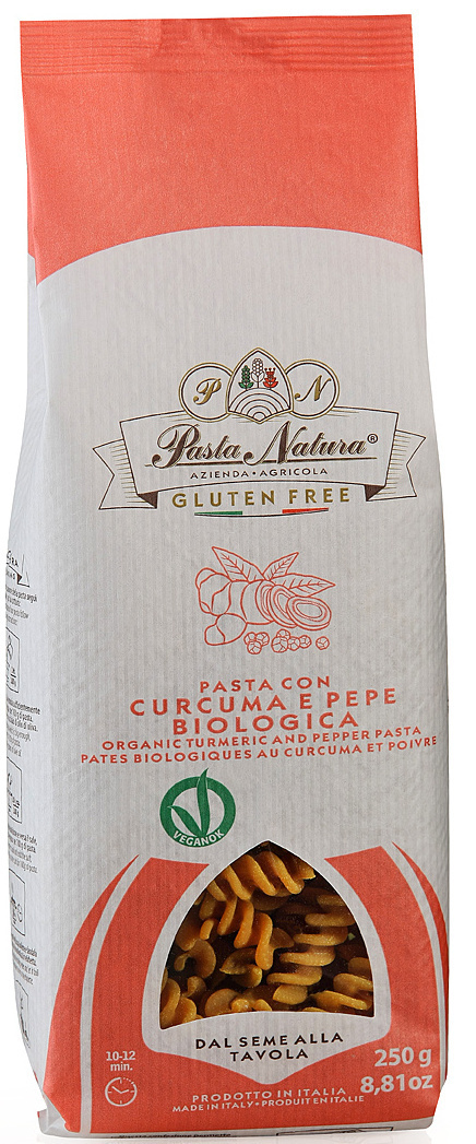 <h2>Paste cu turmeric si piper bio fara gluten, 250g Pasta Natura</h2><p>Paste bio vegane fara gluten, fabricate de maestri italieni pentru garantia calitatii si a gustului desavarsit.&nbsp;</p><p><strong>Ingrediente:</strong> faina de porumb*, pudra de turmeric* 5%, piper negru pudra* 0.2%.<br />*din agricultura ecologica</p><p><strong>Timp de fierbere:</strong> 10-12 minute.</p><p>Adu o pata de culoare in bucatarie cu pastele Pasta Natura. Cu un aport nutritional echilibrat, sunt potrivite pentru toate varstele, si pentru sportivi datorita continutului de proteine vegane.</p><p><strong>Valori nutritionale/100g:</strong><br />Energie: 1561 kJ/368 kcal<br />Grasimi: 2.4g din care saturate 0.4g<br />Carbohidrati: 78g din care zaharuri 0.8g<br />Fibre: 2.7g<br />Proteine: 7.1g<br />Saruri: 0g</p><p>Poate contine urme de soia.</p><p>Fabricat in Italia intr-o cooperativa agricola. Produs certificat bio, Vegan, fara gluten.</p><p>250g</p>