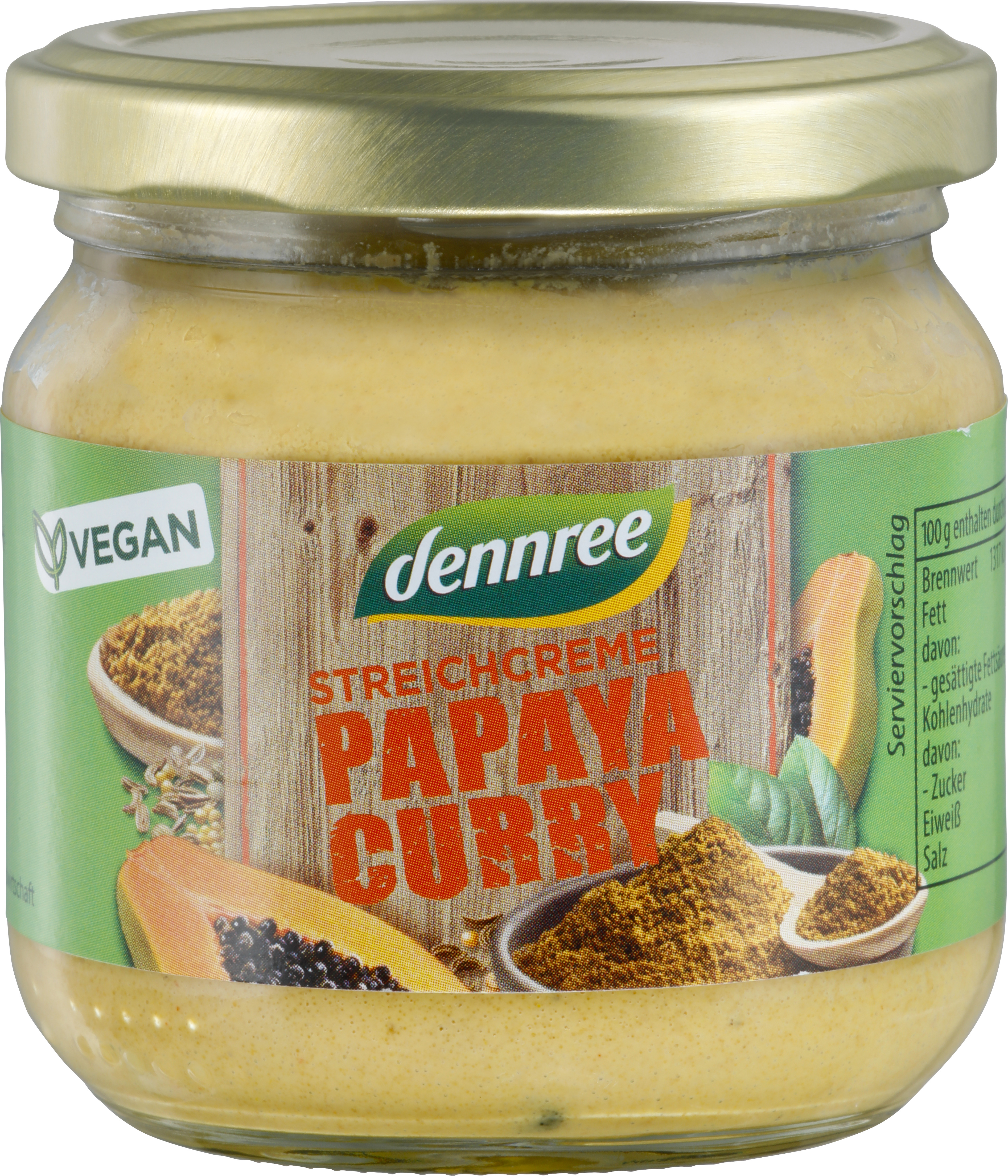 <h2>Crema tartinabila cu papaya si curry bio 180g Dennree</h2><p>Se poate consuma ca atare, intinsa pe o felie de paine sau in sosuri/salate.</p><p><strong>Ingrediente:</strong> seminte de floarea-soarelui *, papaya * (20%), ulei de floarea-soarelui *, apa, pulpa de mere *, otet de mere *, concentrat de suc de mere *, curry * (1,5%) (contine MUSTAR *), sare de mare, concentrat de suc de lamaie *, zahar brut de trestie *, condimente * (chimen negru *, coriandru *, boia *, MUSTAR *, chimen*).</p><p>*ingrediente din agricultura ecologica</p><p><strong>Valori nutritionale/100g:</strong><br />Energie: 1350kj / 327 kcal<br />Grasimi: 31g din care saturate 3.6g<br />Carbohidrati: 5.2g din care zaharuri 5.2g<br />Proteine: 4.8g<br />Saruri: 1.4g</p><p>Dupa deschidere pastrati la frigider si consumati in maxim 5 zile.</p><p>Produs 100% vegan, ecologic</p><p>180g</p>