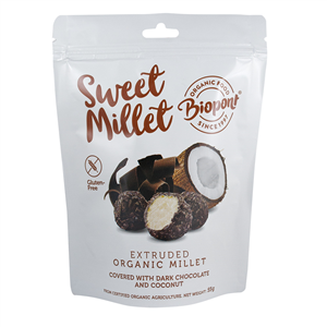 Bilute din mei expandat invelite in ciocolata neagra si cocos, fara gluten, bio 55g Biopont         -                                  105579
