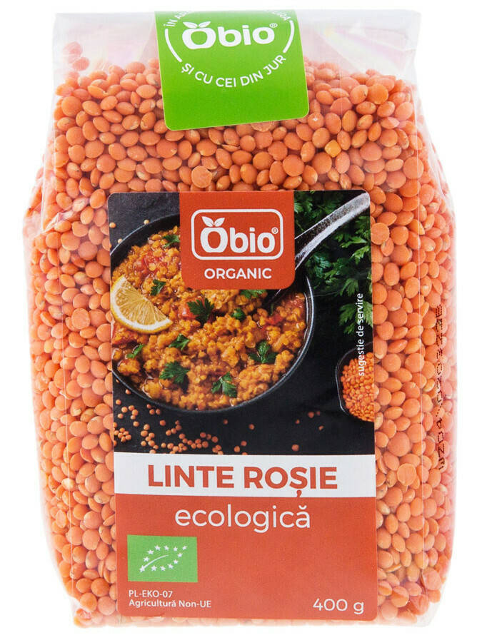 <h2>Linte rosie bio 400g Obio</h2><p>Lintea rosie este foarte satioasa, fierbe relativ usor, fiind ideala pentru supa de linte, supa crema de linte, terci de linte si alte mancaruri pe baza de linte. Lintea rosie Obio provine din culturi ecologice certificate, fara pesticide.</p><p><strong>Ingrediente:</strong> linte rosie* <br />*din agricultura ecologica</p><p><strong>Valori nutritionale/100g: <br /></strong>Energie: 1461kJ / 346kcal<br />Grasimi: 2.2g din care saturate: 0.4g <br />Carbohidrati: 52g din care zaharuri: 1.5g<br />Fibre: 11g<br />Proteine: 24g<br />Saruri: 0.02g</p><p>Produs certificat ecologic.&nbsp;</p><p><strong>Tara de origine:</strong> Turcia</p><p>400g</p>