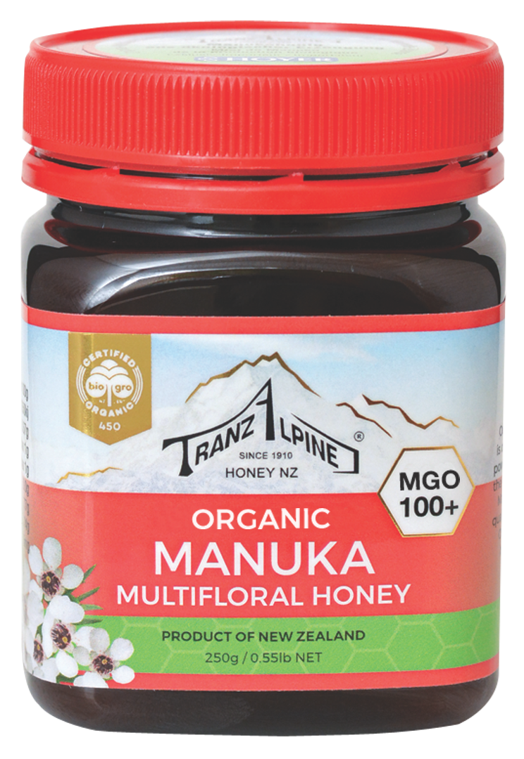 <h2>Miere de Manuka MGO 100+ bio 250g TranzAlpine</h2><p>-factor MGO 100+</p><p>TranzAlpine - cea mai completa gama de miere de Manuka din Noua Zeelanda&nbsp;<strong>certificata bio</strong>&nbsp;prezenta pe piata europeana!</p><p>Mierea Tranzalpine este printre putinele sortimente de miere de Manuka din Noua Zeelanda care detine certificare bio.&nbsp;Majoritatea covarsitoare a mierii de Manuka&nbsp;prezenta pe piata europeana nu provine din apicultura ecologica certificata. Fara pesticide, fara antibiotice, fara chimicale, tot procesul de la culturile de Manuka si pana la alimentatia albinelor si tratamentul acestora trebuie sa provina din surse autorizate bio. Avem astfel garantia unei mieri curate de Manuka, certificata bio.</p><p>Factorul activ, metilglioxalul (MGO), care este continut in aceasta miere organica de Manuka cu o valoare de cel putin 100 mg / kg, este in principal responsabil pentru proprietatea unica a mierii speciale de Manuka.</p><p>Pentru a putea satisface cererea mare de miere de Manuka organica de inalta calitate, HOYER&nbsp; este in parteneriat exclusiv cu compania traditionala in apicultura din Noua Zeelanda TranzAlpineHoney NZ Ltd.&nbsp;</p><p>Stupina TranzAlpineHoney a fost fondata in 1910 si a fost controlata si certificata in conformitate normele Bioagro la nivel international pentru apicultura ecologica inca din 1993.</p><p><strong>Ingrediente:</strong> 100% miere de Manuka*<br />*din agricultura ecologica</p><p>Valori nutritionale/100g:<br />Energie: 1350Kj/ 323Kcal<br />Grasimi: &lt;1g din care saturate &lt;1g<br />Carbohidrati: 77g din care zaharuri 74g<br />Proteine: 0.37g<br />Saruri: 5mg</p><p>Produs certificat ecologic</p><p>250g</p><p>Origine: Noua Zeelanda</p>