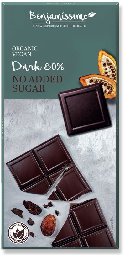 <h2><span style="font-size: 18.72px;">Ciocolata cu 80% cacao fara zahar adaugat bio, 70g, Benjamissimo</span></h2><p>Ciocolata din ingrediente provenite din agricultura ecologica, fara gluten. Traieste o noua experienta a gustului cu gama de ciocolata Benjamissimo.</p><p><strong>Ingrediente:</strong> masa de cacao*, indulcitor: erythritol*, grasime de cacao*, lecitina de floarea soarelui*, sare de Himalaya, vanilie de Bourbon*.<br />*din agricultura ecologica</p><p><strong>Continut de cacao</strong>: minim 80%.</p><p><strong>Valori nutritionale/100g:</strong><br />Energie: 2371kj / 574kcal<br />Grasimi: 47g din care saturate 30g<br />Carbohidrati: 30g din care zaharuri: 0.5g din care polioli: 19g<br />Proteine: 8.5g<br />Sare: 0.12g</p><p>Poate contine urme de nuci.</p><p>A se feri de lumina directa a soarelui.</p><p>Produs certificat ecologic</p><p>70g</p><p>&nbsp;</p>