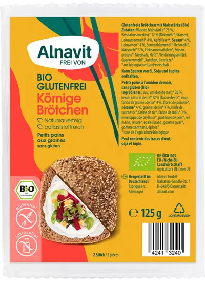 <h2><span style="font-size: 18.6667px;">Chifle cu seminte fara gluten, precoapte, bio, 125g, 2 buc. Alnavit</span></h2><p>Gama de produse bio Alnavit din Germania este 100% fara gluten si fara lactoza, calitatea germana regasindu-se in toate produsele Alnavit.&nbsp;</p><p>Chiflele fara gluten cu seminte Alnavit sunt ideale pentru a-ti pregati un burger vegan fara gluten, un sandwich, sau oriunde ai nevoie de un colt de paine fara gluten. Ambalajul face posibila pastrarea lor un timp destul de indelungat.&nbsp;</p><p><strong>Mod de preparare:</strong>&nbsp;desfaceti chiflele din ambalajul original, si coaceti-le timp de 10 minute in cuptorul preincalzit la 200 de grade. In cazul in care doriti sa le consumati ca paine prajita, nu mai e nevoie sa le coaceti, le puteti felia direct si pune in toaster sau pe gratar pana devin crocante.&nbsp;</p><p><strong>Ingrediente:</strong> apa, amidon de porumb* 26%, aluat natural de orez* 12% (faina de orez*, apa), faina de in* 4%, fibre de mere*, SUSAN* 4%, seminte de in* 4%, ulei de floarea soarelui*, faina de orez*, faina de porumb* 3%, tarate de psyllium*, proteina din mazare*, sare de mare, drojdie*, agent de ingrosare: guma guar*, guma xantan, condimente*.<br />*din agricultura ecologica</p><p><strong>Poate contine urme de soia, oua si lupin.</strong></p><p><strong>Valori nutritionale/100ml:</strong><br />Energie 865kJ / 206 kcal <br />Grasimi 5.4g&nbsp; din care saturate 1.1g<br />Carbohidrati 31g din care zaharuri 0.5 g <br />Fibre 8.3g <br />Proteine 4.2g <br />Saruri 1.1g<br /><br />Dupa deschidere, pastrati la frigider si consumati in maxim 2 zile.&nbsp;</p><p>Agricultura UE si non-UE</p><p>125g</p>