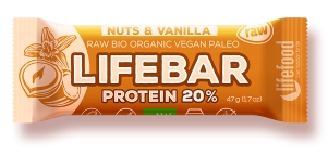 <h2>Lifebar baton proteic cu nuci si vanilie raw bio 47g</h2><p>15 buc/bax</p><p>-fara gluten-</p><p>20% continut de proteine</p><p>Un baton sanatos, neprocesat termic, bio, ideal si pentru dieta Paleo.</p><p><strong>Ingrediente:</strong> curmale*, proteina din orez* 22%, <strong>NUCI</strong>*: (<strong>ALUNE DE PADURE</strong>*, pasta de: <strong>ALUNE DE PADURE</strong>*, <strong>MIGDALE</strong>* si <strong>CAJU</strong>*), ulei extravirgin de masline*, vanilie*, sare. (*din agricultura ecologica).</p><p><strong>Valori nutritionale/100g:</strong><br />Energie 1490kj/357kcal, <br />Fibre 7.3g,<br /> Grasimi 10g din care saturate 1g, <br />Proteine 21g, <br />Carbohidrati 43g din care zaharuri 41g, <br />Sare&lt; 0.01g.</p><p>&nbsp;</p><p>Produs in Cehia</p><p>Produs certificat ecologic, raw, vegan.</p><p>47g</p>