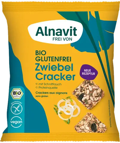 <h2><span style="font-size: 18.6667px;">Crackers cu ceapa fara gluten, bio, 75g Alnavit</span></h2><p>Gama de produse bio Alnavit din Germania este 100% fara gluten si fara lactoza, calitatea germana regasindu-se in toate produsele Alnavit.&nbsp;</p><p>Crackers cu ceapa, fara gluten, ideali de rontait la birou sau acasa, intr-o excursie sau la picnic.</p><p><strong>Ingrediente</strong>: seminte de floarea soarelui* 37%, amidon de cartofi* 31%, seminte de dovleac* 6%, faina de hrisca*, seminte de in auriu* 4,5%, seminte de chia* (Salvia hispanica) 4%, praf de ceapa* 3,5%, fibre de mere*, sare de mare , arpagic* 1%<br />*din agricultura ecologica</p><p><strong>Poate contine urme de&nbsp; ou, soia, lapte, migdale, nuci, susan, lupin.</strong></p><p><strong>Valori nutritionale/100ml:</strong><br />Energie 1967kJ / 471kcal <br />Grasimi 26g&nbsp; din care saturate 3.4g<br />Carbohidrati 40g din care zaharuri 0.9g <br />Fibre 8.7g <br />Proteine 15g <br />Saruri 2.7g</p><p>Agricultura UE si non-UE</p><p>75g</p>