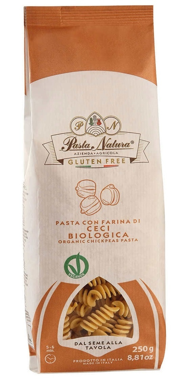 <h2>Fusilli cu naut bio, fara gluten 250g Pasta Natura</h2><p>Paste bio vegane fara gluten, fabricate de maestri italieni pentru garantia calitatii si a gustului desavarsit.</p><p><strong>Ingrediente:</strong> faina de naut*, faina de porumb*, faina de orez*.<br />*din agricultura ecologica</p><p>Timp de fierbere: 5-6 minute.</p><p>Pastele cu faina de naut sunt bogate in proteine, si fara colesterol. Cu siguranta pentru sportivi si persoanele active, pastele cu naut se pot integra usor in dieta zilnica datorita aportului proteic ridicat. Uscate la temperaturi joase, pastele cu faina de naut sunt alegerea perfecta pentru orice membru al familie.</p><p>Pastele cu faina de naut sunt usor digerabile datorita continutului de fibre. Sunt bogate in vitaminele B si C, precum si in minerale ca fierul, fosforul, calciu.</p><p>Sfaturi pentru gatit:&nbsp;<br />Pastele cu faina de naut merg bine cu salvie, rozmarin, ceapa rosie si varza. O reteta simpla este cea cu broccoli si usturoi.</p><p><strong>Valori nutritionale/100g:</strong><br />Energie: 1468 kJ/347 kcal<br />Grasimi: 4.1g din care saturate 0.8g<br />Carbohidrati: 60g din care zaharuri 2.1g<br />Fibre: 5.1g<br />Proteine: 15g<br />Saruri: 0.02g</p><p>Fabricat in Italia intr-o cooperativa agricola. Produs certificat bio, Vegan, fara gluten.</p><p>250g</p><p>&nbsp;</p>