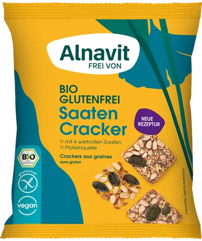 <h2><span style="font-size: 18.6667px;">Crackers cu seminte fara gluten, bio, 75g Alnavit</span></h2><p>Gama de produse bio Alnavit din Germania este 100% fara gluten si fara lactoza, calitatea germana regasindu-se in toate produsele Alnavit.&nbsp;</p><p>Crackers cu seminte, fara gluten, ideali de rontait la birou sau acasa, intr-o excursie sau la picnic.</p><p><strong>Ingrediente</strong>: seminte de floarea soarelui* 39%, amidon de cartofi* 32%, seminte de dovleac* 6,5%, faina de hrisca*, seminte de in auriu* 5%, seminte de chia* (Salvia hispanica) 4,5%, fibre de mere*, sare de mare, patrunjel* 1%.<br />*din agricultura ecologica</p><p><strong>Poate contine urme de&nbsp; ou, soia, lapte, migdale, nuci, susan, lupin.</strong></p><p><strong>Valori nutritionale/100ml:</strong><br />Energie 1988kJ / 477kcal <br />Grasimi 27g&nbsp; din care saturate 3.4g<br />Carbohidrati 39g din care zaharuri 0.5g <br />Fibre 8.9g <br />Proteine 15g <br />Saruri 2.8g</p><p>Agricultura UE si non-UE</p><p>75g</p>