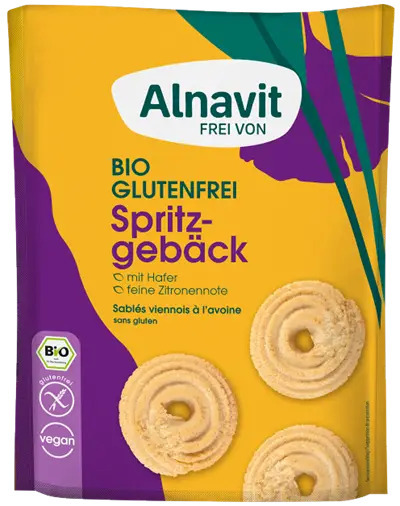 <h2><span style="font-size: 18.6667px;">Biscuiti cu ovaz fara gluten, bio, 125g Alnavit</span></h2><p>Gama de produse bio Alnavit din Germania este 100% fara gluten si fara lactoza, calitatea germana regasindu-se in toate produsele Alnavit.&nbsp;</p><p>Biscuiti deliciosi fara gluten, fara lactoza.</p><p><strong>Ingrediente:</strong> amidon de porumb*, zahar de sfecla*, grasime de palmier*, FAINA DE OVAZ* fara gluten 14%, faina de orez*, faina de in auriu*, agent de ingrosare: guma de guar*, ulei de lamaie*, sare de mare, agent de fermentare: carbonat de amoniu.<br />*din agricultura ecologica</p><p><strong>Poate contine urme de lapte, migdale, soia, caju sau susan.</strong></p><p><strong>Valori nutritionale/100gr:</strong><br />Energie 2058kJ / 491kcal <br />Grasimi 23g&nbsp; din care saturate 11g<br />Carbohidrati 65g din care zaharuri 26g <br />Fibre 4.2g <br />Proteine 4g <br />Saruri 0.6g</p><p>Agricultura UE si non-UE</p><p>125g</p>
