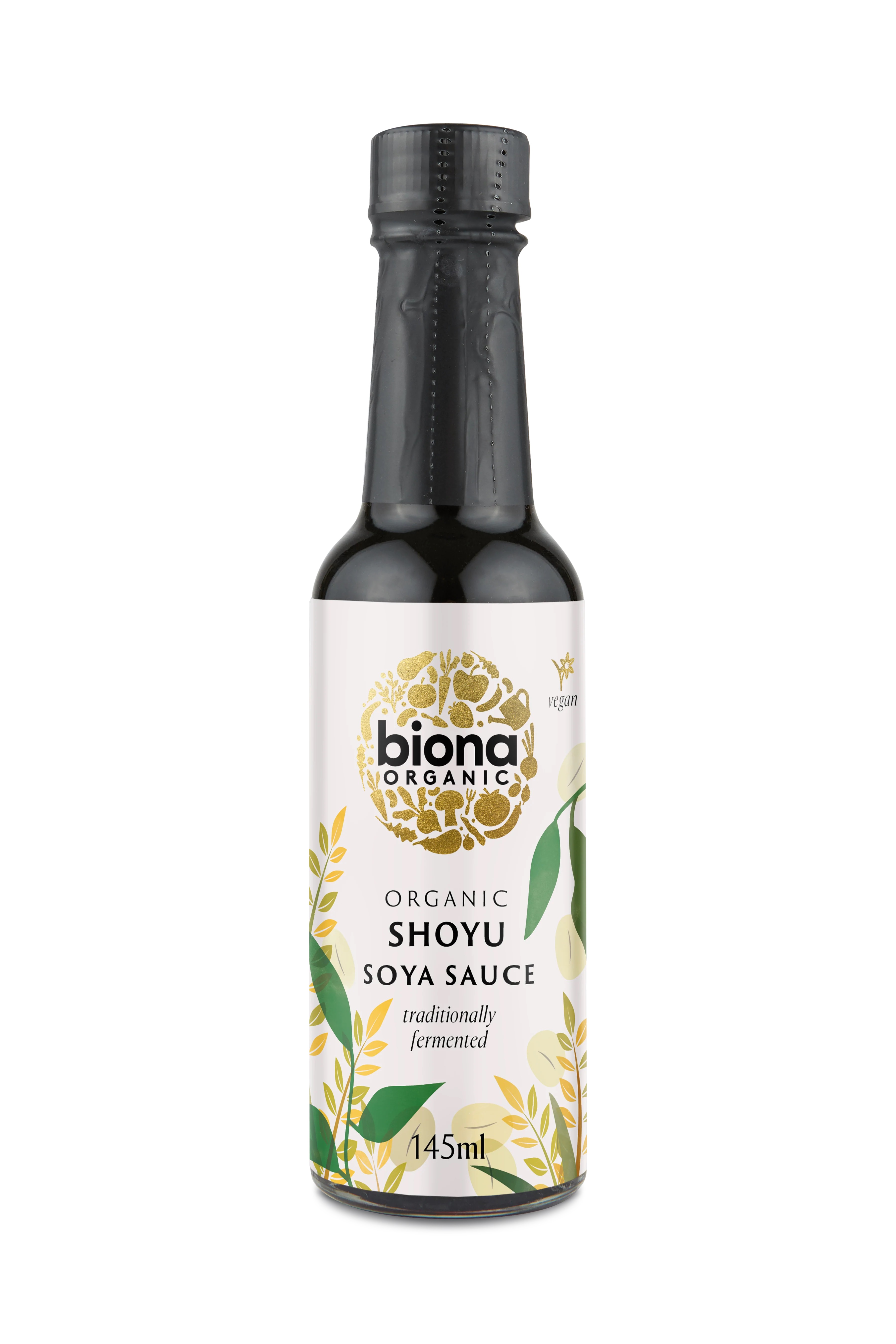 <h2>Sos de soia Shoyu eco 145ml Biona</h2><p>-vegan-</p><p><strong>Ingrediente: </strong>apa, boabe de soia* 22%, <strong>GRAU*</strong>, sare de mare</p><p>*din agricultura ecologica</p><p><strong>Alergeni:</strong> Contine cereale ce contine <strong>GLUTEN</strong>. Vezi ingrediente cu majuscule. </p><p><strong>Valori nutritionale/100ml:</strong><br />Energie: 234KJ/56Kcal<br />Grasimi: 0.6g din care saturate 0.1g<br />Carbohidrati: 4.1g din care zaharuri 0.4g<br />Fibre: 0.8g<br />Proteine: 8.1g<br />Saruri: 13.73g</p><p>Produs certificat ecologic, ambalat in sticla.&nbsp;</p><p>Agricultura non-UE</p><p>145ml</p><p>&nbsp;</p>