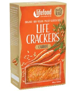              <h1>Lifecrackers cu morcovi raw bio 80g</h1> <p>Ingrediente: seminte de floarea soarelui 62%, seminte de in aurii 24%, morcovi 12%, sare de mare nerafinata.</p> <p>Oricand aveti pofta de rontait ceva sanatos, rulourile si biscuitii crackers raw bio sunt alegerea perfecta.</p> <p>Toate ingredientele sunt bio si procesate la temperaturi de pana la 42 de grade.</p> <p>Un produs 100%:<br />-vegan<br />-fara gluten<br />-fara zahar<br />-certificat bio<br />-raw<br />-fara lactoza<br />-handmade</p> <p>80g</p>         