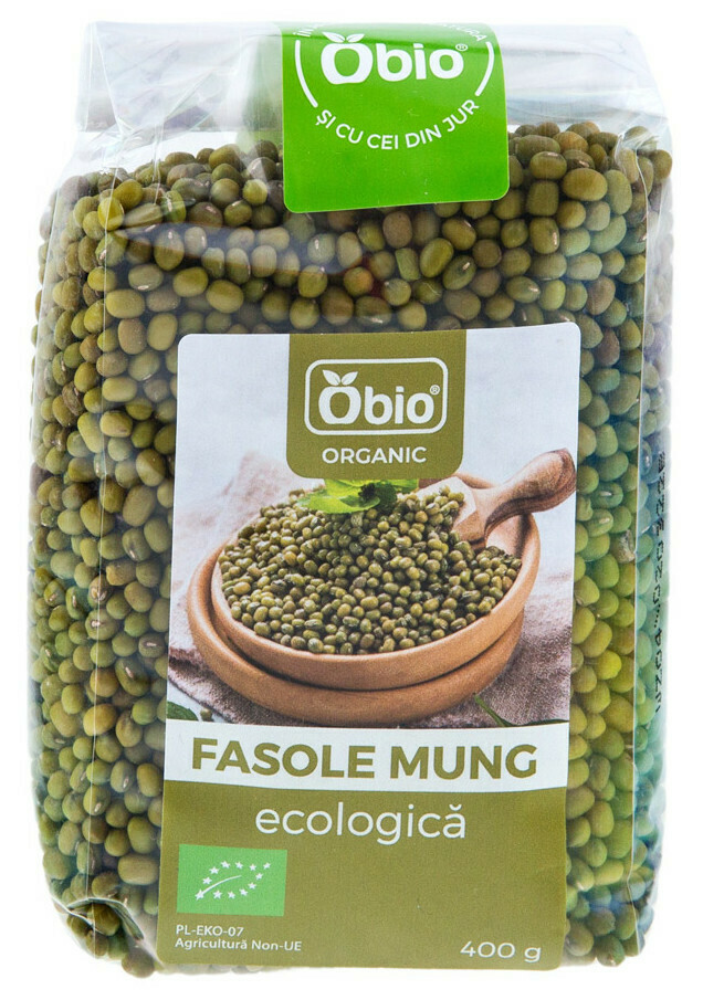 <h2><strong>Fasole mung bio 400g Obio<br /></strong></h2><p>Fasolea mung este o specie de fasole cu boabe mici si verzi, foarte populara in India si China. Fasolea mung Obio provine din culturi ecologice certificate, fara pesticide.</p><p><strong>Ingrediente:</strong> fasole mung* <br />*din agricultura ecologica</p><p><strong>Valori nutritionale/100g: <br /></strong>Energie: 1367kJ / 324kcal<br />Grasimi: 1.2g din care saturate: 0.4g <br />Carbohidrati: 46g din care zaharuri: 6.6g<br />Fibre: 16g<br />Proteine: 24g<br />Saruri: 0.04g</p><p>Produs certificat ecologic.&nbsp;</p><p><strong>Tara de origine:</strong> Uzbekistan</p><p>400g</p>