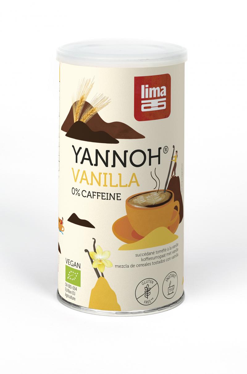              <h1>Cafea din cereale Yannoh&reg Instant cu vanilie bio 150g</h1> <p>Pachet foarte economic, suficient pentru 75 de cesti de cafea!</p> <p>Inlocuieste cafeaua cu acest substitut fara cofeina, dupa o reteta   originala patentata. Se adauga apa fierbinte sau lapte si bautura este  gata preparata. In procesul de productie, glutenul este filtrat deoarece  nu este solubil in apa, astfel bautura poate fi consumata si de catre persoanele sensibile la gluten.</p> <p><strong>Ingrediente: </strong>cicoare*, <strong>SECARA</strong>*, <strong>ORZ</strong>*, ghinda*, sirop de porumb*, aroma de vanilie* 1%.<br />*din agricultura ecologica</p> <p><strong>Valori nutritionale/100g:<br /></strong>Energie: 1605kj / 378 kcal<br />Grasimi: 0g din care saturate 0g<br />Carbohidrati: 91g din care zaharuri 48g<br />Fibre: 2.4g<br />Proteine: 2.2g<br />Saruri: 0.13g</p> <p>Fabricat in Belgia</p> <p>Produs certificat ecologic</p> <p>150g</p>         