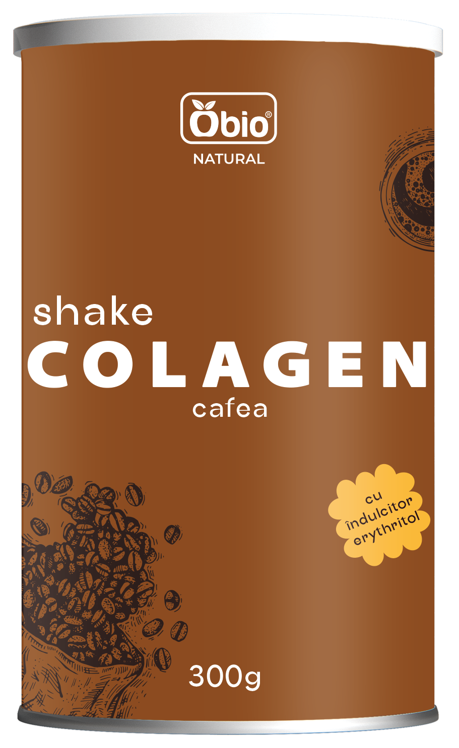 <h2>Colagen shake cu cafea 300g, Obio</h2><h3>-cu indulcitor erythritol si cu mix de 7 ciuperci-</h3><p>Colagenul mai este denumit si proteina tineretii. Savureaza o bautura sanatoasa cu colagen, bogata in proteine, cu gust de cafea si cu un amestec din 7 ciuperci bio sub forma de pudra, indulcit cu erythritol.</p><p><strong>Ingrediente:</strong> peptide active de colagen bovin (colagen tip 1) 57%, indulcitor: erythritol, cafea solubila 10%, mix bio de ciuperci pudra: reishi, chaga, shiitake, maitake, coama leului, cordyceps, ciuperca alba (tremella), maca pudra, scortisoara pudra.</p><p><strong>Mod de preparare:</strong> amestecati 2-3 linguri de produs (aprox. 30g) cu 250ml apa sau lapte. Se poate servi cald sau rece.</p><p>Alergeni: poate contine urme de nuci, gluten. Contine cofeina.</p><p><strong>Valori nutritionale/100g:<br /></strong>Energie: 1020 kJ / 244 kcal<br />Grasimi: 0,2 g din care acizi grasi saturati 0,1 g<br />Glucide: 25 g din care zaharuri 1,2 g<br />Fibre alimentare: 4,3 g<br />Proteine: 53 g<br />Sare: 0,1 g</p><p>A se pastra in loc uscat si racoros. Dupa fiecare folosire, asigurati-va ca ati pus capacul la loc in mod corect pentru o buna etanseitate.</p><p>Fabricat in Polonia</p><p>Gramaj: 300g</p>
