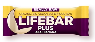<h2>Lifebar Plus baton cu acai si banane raw bio 47g</h2><p>&nbsp;</p><p><strong>Ingrediente:</strong> fructe* (curmale*, banane uscate* 11%, pudra de acai raw* 6%, pudra de banane* 5%, pudra de merisor*), NUCI* 25% (NUCI BRAZILIENE*, MIGDALE*, pasta de MIGDALE*, CAJU*, ALUNE de PADURE*), pudra din suc de sfecla rosie* 2%. (*din agriculturi ecologice).</p><p>Toate ingredientele sunt bio si procesate la temperaturi de pana la 42 de grade.</p><p>Un produs 100%:<br />-vegan<br />-fara gluten<br />-fara zahar<br />-certificat bio<br />-raw<br />-fara lactoza</p><p><strong>Valori nutritionale/100g:<br /><br /></strong>Energie 1618 kJ / 388 kcal<br />Grasimi 17 g<br />- Din care 3 g acizi gra?i satura?i<br />Carbohidra?i 50 g<br />- Din care zaharuri 41 g<br />Fibre 9 g<br />Proteine 7 g<br />Saruri 0,01 g</p><p>Disponibil la bucata sau in display (15 bucati/display).</p>