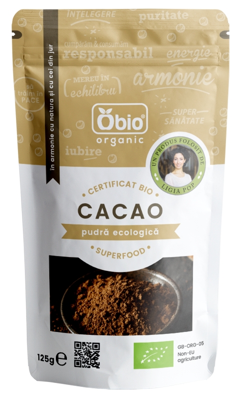 <h2><strong>Cacao pudra raw bio, 125g - Obio</strong></h2><p>&nbsp;</p><p>Pudra organica de cacao prezentata de noi este extrasa prin procedee mecanice, la rece. Nu sunt folositi in procesul de productie solventi, hexani. Pudra este cruda, neprocesata termic, neprajita. Cacao este unul dintre cei mai puternici antioxidanti. Adaugati pulberea la prajituri, la bautura de cacao, practic oriunde aveti nevoie de un gust si o culoarea de ciocolata. :)</p><p><strong>Ingrediente:&nbsp;</strong>100% cacao pudra*</p><p>*din agricultura ecologica</p><p><strong>Valori nutritionale/100g:</strong><br /> Energie: 1738Kj/ 413Kcal<br /> Grasimi: 11g din care saturate 7.2g<br /> Carbohidrati: 49g din care zaharuri 1g<br /> Proteine: 26g<br /> Fibre: 4.7g<br /> Saruri: 0g</p><p>&nbsp;</p><p><strong>Produs certificat organic</strong></p><p>&nbsp;</p><p><strong>Gramaj:</strong> 125g</p><p>&nbsp;</p>