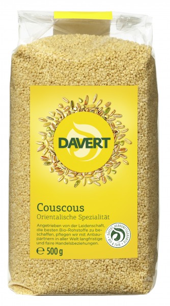 <h1><span style="font-size: 18px;">Cuscus bio 500g DAVERT</span></h1><p>Cuscus ecologic, certificat bio.</p><p><strong style="font-weight: bold;">Ingrediente:</strong>&nbsp;GRAU dur*<br />*din agricultura ecologica</p><p><strong style="font-weight: bold;">Valori nutritionale/100g:</strong><br />Energie:1486kj / 361 kcal<br />Grasimi: 1.8g din care saturate 0.3g<br />Carbohidrati: 69.1g din care zaharuri 2.2g<br />Fibre: 6.9g<br />Proteine: 11.3g</p><p><strong style="font-weight: bold;">&nbsp;</strong></p><p><strong style="font-weight: bold;">Alergeni:</strong></p><p>Poate contine urme de: nuci, susan, caju,soia,orz,spelta,</p><p><strong style="font-weight: bold;">Mod de depozitare:</strong></p><p>A se pastra la loc uscat si racoros.</p><p><strong>Fabricat in Germania</strong></p><p>&nbsp;</p><p>500G</p>