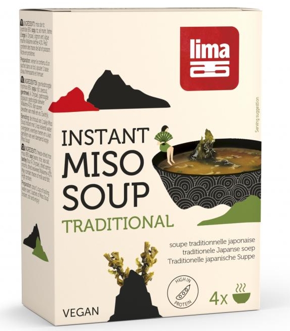<h2>Supa Miso instant 4x10g (4 portii)</h2><p>-vegan-</p><p>O supa traditionala japoneza. Miso este o pasta fermentata din soia, folosita in Japonia de peste 1300 de ani.</p><p><strong>Ingrediente:</strong> miso cu orez liofilizat 89% (SOIA, orez, sare de mare, faina de ORZ, A. Oryzae), ceapa verde uscata, alge wakame uscate 4%.</p><p><strong>Alergeni:</strong> Vezi ingrediente cu majuscule. Poate contine urme de LAPTE si PESTE.&nbsp;</p><p><strong>Sugestie de servire:</strong> Pentru o portie de supa, amestecati continutul unui plic cu apa fierbinte si amestecati.</p><p><strong>Valori nutritionale/100G:</strong></p><p>Energie 1372kJ/327kcal</p><p>Grasimi 10g din care saturate 2.1g</p><p>Carbohidrati 31g din care zaharuri 14g</p><p>Fibre 12g</p><p>Proteine 22g</p><p>Sare 19g."</p><p>&nbsp;</p><p><strong>Tara de origine:</strong> Japonia</p><p>4x10g</p>