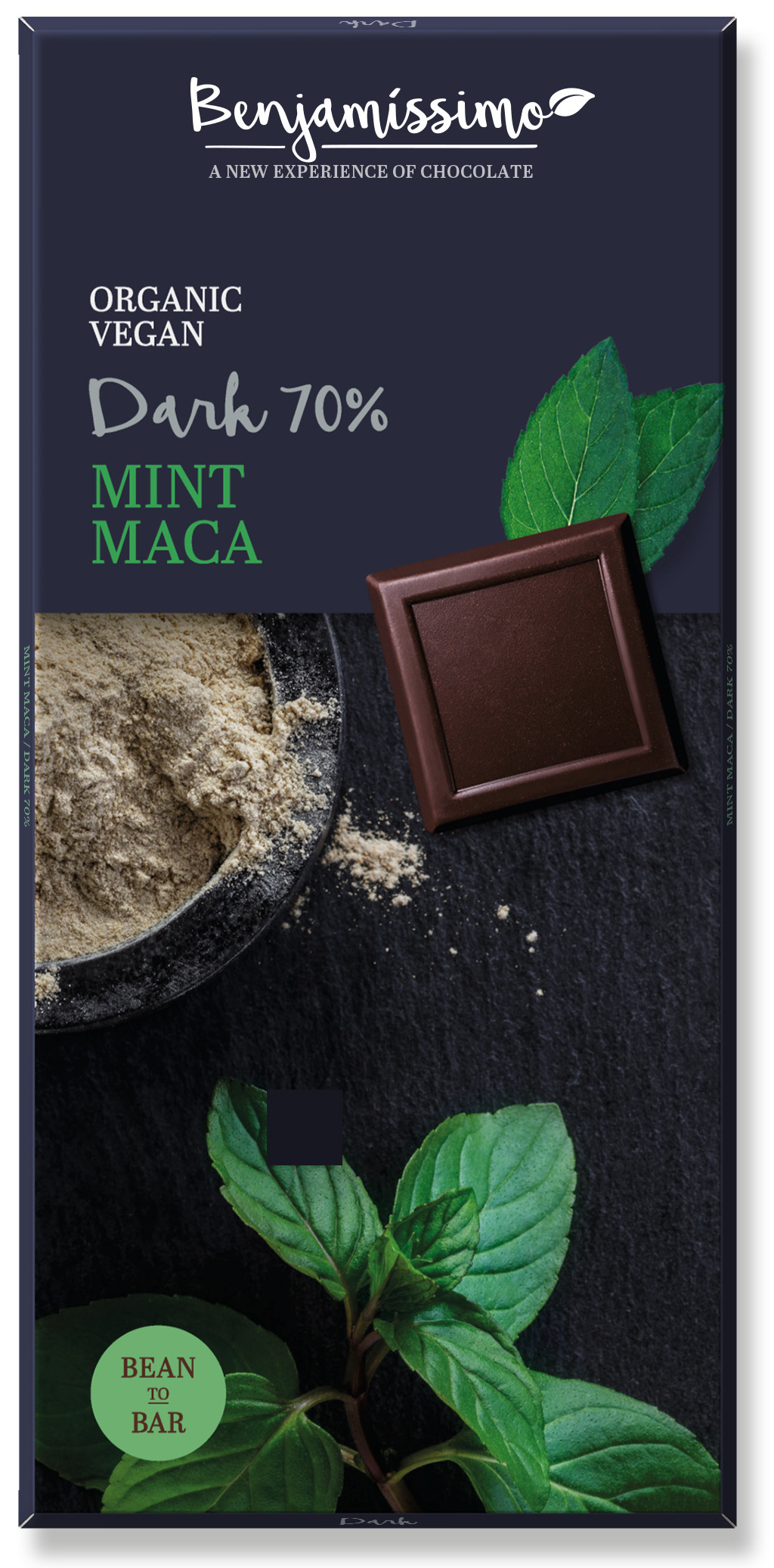 <h2><span style="font-size: 18.72px;">Ciocolata cu menta si maca bio, 70g, Benjamissimo</span></h2><p>Ciocolata din ingrediente provenite din agricultura ecologica, fara gluten. Traieste o noua experienta a gustului cu gama de ciocolata Benjamissimo.</p><p><strong>Ingrediente:</strong> masa de cacao*, zahar din trestie*, unt de cacao*, maca* 2%, lecitina de floarea soarelui*, ulei de menta* 0.03%.</p><p>*din agricultura ecologica</p><p><strong>Continut de cacao</strong>: minim 70%.</p><p><strong>Valori nutritionale/100g:</strong><br />Energie: 2442kj/587kcal<br />Grasimi: 40g din care saturate 26g<br />Carbohidrati: 38g din care zaharuri: 30g<br />Proteine: 7.4g<br />Sare: 0.08g</p><p>&nbsp;</p><p>Poate contine urme de nuci.</p><p>A se feri de lumina directa a soarelui.</p><p>Produs certificat ecologic</p><p>70g</p>