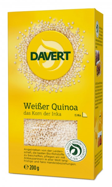 <h1><span style="font-size: 18px;">Quinoa alba bio 200g DAVERT</span></h1><p>Quinoa alba ecologica, certificata bio.</p><p><strong>Ingrediente:</strong>&nbsp;Quinoa alba*<br />*din agricultura ecologica</p><p><strong>Valori nutritionale/100g:</strong><br />Energie:1543kj / 366 kcal<br />Grasimi: 5.9g din care saturate 0.5g<br />Carbohidrati: 62g din care zaharuri 1.8g<br />Fibre: 6.9g<br />Proteine: 12g</p><p><strong>&nbsp;</strong></p><p><strong>Alergeni:</strong></p><p>Poate contine urme de: nuci, susan, caju,soia,orz,alune,orez,grau,fistic</p><p><strong>Mod de depozitare:</strong></p><p>A se pastra la loc uscat si racoros.</p><p><strong>Fabricat in Germania</strong></p><p>&nbsp;</p><p>200G</p>