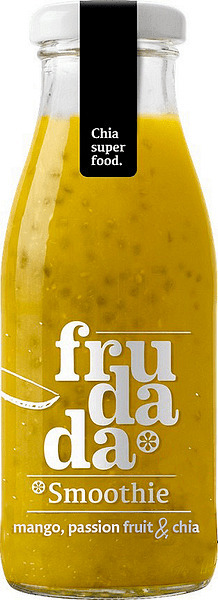 <h2><span style="font-size: 18.72px;">Smoothie cu mango, fructul pasiunii si chia 250ml Frudada</span></h2><p>Un smoothie delicios, numai bun de baut atat acasa cat si la birou. Ambalat in sticla, fara plastic.</p><p><strong>Ingrediente:</strong>suc de mere presat la rece, suc de portocale, piure de mango 8%, piure de piersici, suc de fructul pasiunii 5%, seminte de chia 4%.</p><p>Produs usor pasteurizat.</p><p><strong>Valori nutritionale/100ml:</strong><br />Energie: 261kj / 62kcal<br />Grasimi: 1.23g din care saturate 0.29g<br />Carbohidrati: 10.95g din care zaharuri 9.56g<br />Fibre: 2.1g<br />Proteine: 0.72g<br />Saruri: 0g</p><p>Produs natural</p><p>250ml</p>