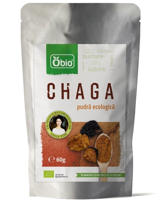              <h1>Chaga pulbere bio 60g</h1> <p>Chaga este o ciuperca comestibila din Asia care creste atasata de copaci. Este  folosita de mii de ani de catre persoanele din China si Japonia pentru  proprietatile ei deosebite, una fiind faptul ca care o concentratie mare  de nutrienti. Are un ridicat continut de SOD (superoxid dismutaza).  Este folosita ca si tonic general, pentru ridicarea imunitatii, cat si  pentru mentinerea unei stari optime de sanatate.</p> <p>Sugestie de folosire: amestecati un sfert de lingurita (maxim 1  lingurita) de pulbere de chaga cu 250ml apa plata. De asemenea o puteti  adauga in shake-uri, smoothies.</p> <p>Gramaj: 60g</p> <p>Tara de origine: China</p>         
