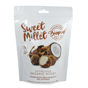 Bilute din mei expandat invelite in ciocolata cu lapte si cocos, fara gluten, bio 55g Biopont       -                                  105580