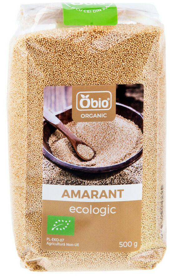 <h2>Amarant bio 500g Obio</h2><p>Amarantul este o pseudocereala avand boabele foarte mici. Se gateste la fel ca si quinoa sau ca si orezul, pe post de garnitura.&nbsp; Amarantul Obio provine din culturi ecologice certificate, fara pesticide.</p><p><strong>Ingrediente:</strong> amarant* <br />*din agricultura ecologica</p><p><strong>Valori nutritionale/100g: <br /></strong>Energie: 1461kJ / 346kcal<br />Grasimi: 2.2g din care saturate: 0.4g <br />Carbohidrati: 52g din care zaharuri: 1.5g<br />Fibre: 11g<br />Proteine: 24g<br />Saruri: 0.02g</p><p>Poate contine urme de gluten, arahide, nuci, susan, soia.</p><p>Produs certificat ecologic.&nbsp;</p><p><strong>Tara de origine:</strong> India</p><p>500g</p>